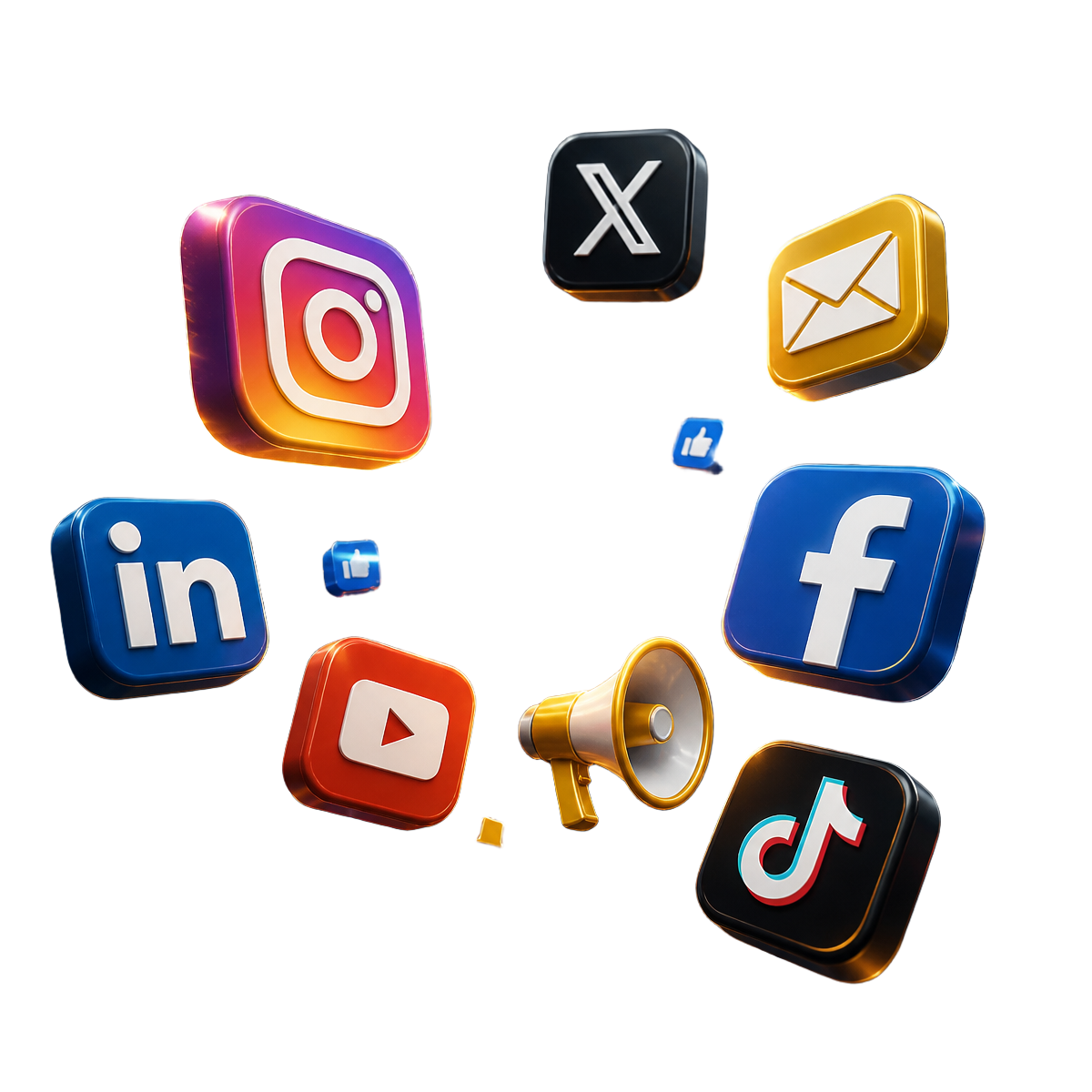 Burst of social media, email, and megaphone icons representing multi-channel marketing